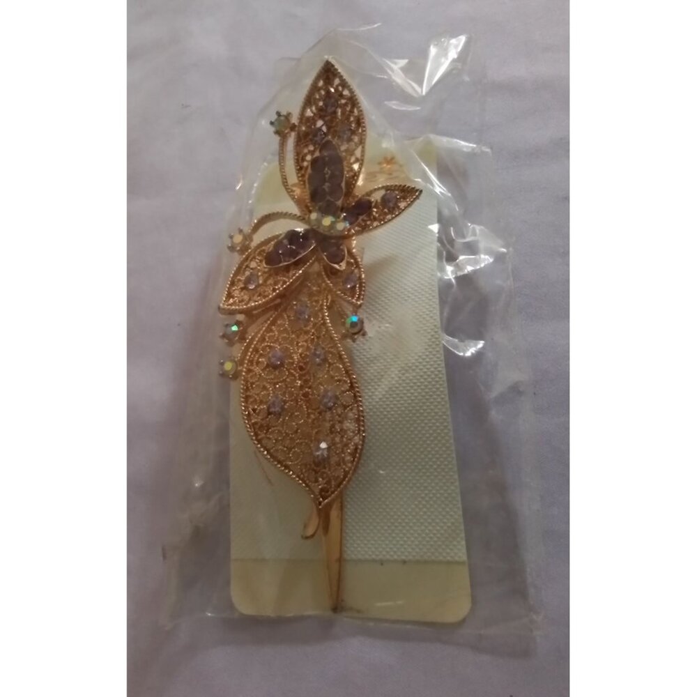 Vintage Gold-Tone Butterfly Hair Clip Barrette With Rhinestones